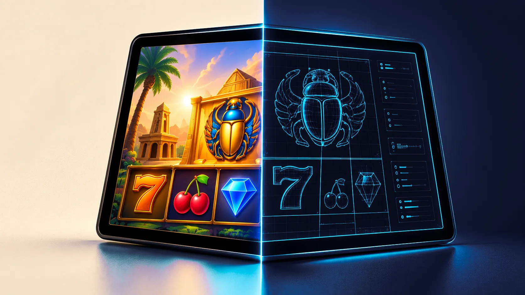 A slot game on a tablet, half finished artwork and half blueprint