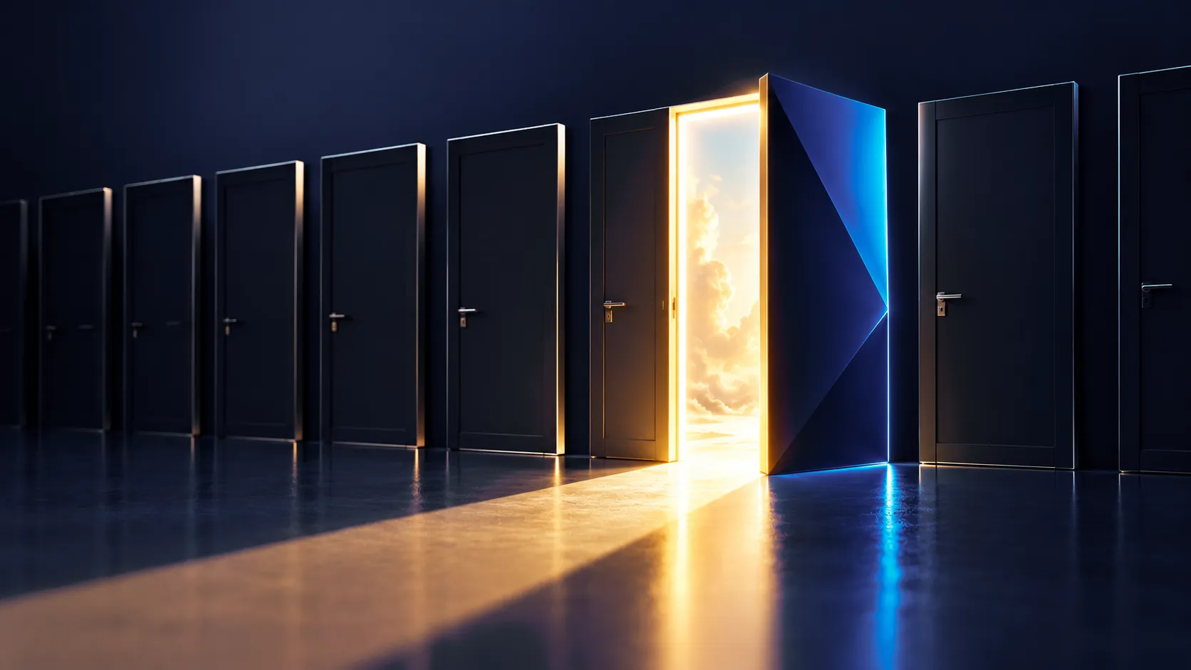 One lit doorway open in a long row of closed doors